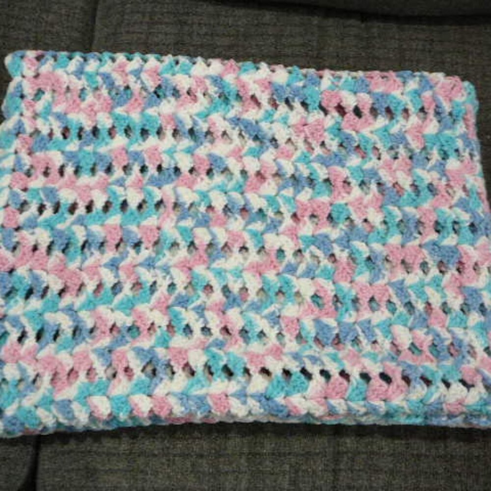 Baby Knitted Blanket-Pink White & Light Blue 56" x 38" No Stains Great Condition